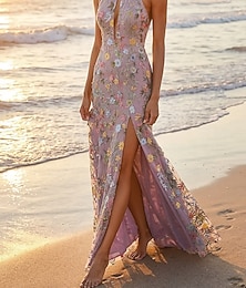 preiswerte -A-Linie Bodenlang Abendkleid Elegant Glitzernd Blumen Ärmellos Neckholder Abendgesellschaft Gartenparty Chiffon Tüll mit Gestickte Blume Perlenstickerei Stickerei