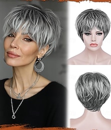 abordables -Perruque coupe pixie - perruque grise courte avec frange, coupe pixie dégradée, perruque synthétique pour femme, douce, résistante à la chaleur, aspect naturel, idéale pour le quotidien et les