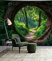billiga -3D-skog, trädhål, väggbonad, natur, grönt trä, stig, landskap, väggbonad, solljus, skogslandskap, stor tygaffisch för vardagsrum, sovrum, läshörna, heminredning