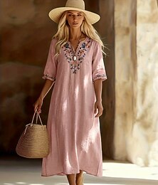 preiswerte -Damen Midikleid Kleider in Leinenoptik Freizeitkleid Elegant Mode Modern Outdoor Urlaub Ausgehen Normale Passform Blumen Halbarm V Ausschnitt Rosa Sommer Frühling