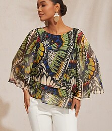 abordables -Top de gasa fluida con capas y estampado de mariposas de la jungla