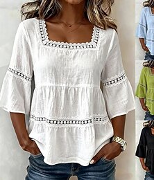 preiswerte -Elegantes Damen-Top aus Baumwoll-Leinen-Mischgewebe mit Spitzeneinsatz, Rüschen, 3/4-Ärmeln, eckigem Ausschnitt, lässigem Design, für jeden Tag, in Blau, Schwarz, Weiß und Grün, für Sommer, Frühling