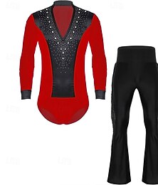 abordables -Ensemble de costume de danse latine pour homme - body rouge à strass &Pantalon noir évasé pour la compétition