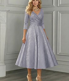 abordables -Ligne A Longueur cheville Longueur thé Robe de Cérémonie Robe de Mère de Mariée  Manche 3/4 Col en V Élégant ancien Occasionnel Formel Satin Jacquard avec Plis
