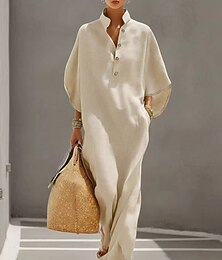 preiswerte -Damen Maxikleid Sommerkleid Freizeitkleid Urlaub Lässig Boho Strand Party Date Lässiger Schnitt Einfach Halbarm Stehkragen Blau Beige Sommer Frühling