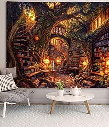 abordables -Tapiz de pared de biblioteca de árbol mágico de fantasía, estantería de casa del árbol antigua, escalera de caracol, arte de luz cálida, póster de tela grande para rincón de lectura, dormitorio,