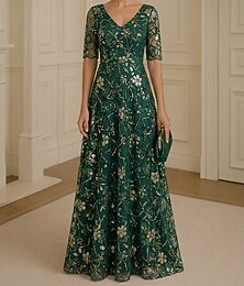 abordables -Ligne A Robe Longueur au sol Robe de Cocktail Robe de Mère de Mariée  Manche Courte Demi Manches Col en V Élégant ancien Simple Formel robe demoiselle d honneur Kentucky Derby Dentelle avec