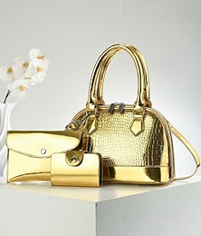 abordables -Conjunto de tres bolsos de mujer de piel sintética charol con relieve de cocodrilo, bolso bandolera multicolor con asa superior y correa ajustable, monedero y tarjetero para viajes y uso casual.