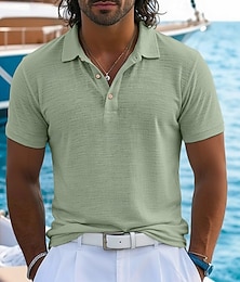 cheap -Men's Linen Polo Shirts Casual Vacation Classic Short Sleeve Vacation Fashion Plain Textured Buttons Summer Spring Regular Fit Lake blue Black White Light Green Pink Purple