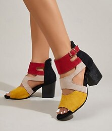 abordables -Sandales habillées en daim coloré pour femme - talons carrés patchwork vibrants avec bride à la cheville, parfaites pour les vacances d'été et le style urbain au quotidien. &vêtements de villégiature