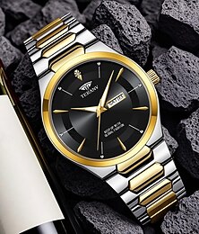 preiswerte -Luxuriöse Herrenuhr, zweifarbig, gold-silber, Edelstahlarmband, schwarzes Zifferblatt, Tag- und Datumsanzeige, wasserdicht, Quarzwerk, elegante Business-Uhr, ideales Geschenk für Männer zur Hochzeit