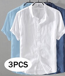 お買い得  -男性用 シャツ リネンシャツ サマーシャツ ビーチウェア ボタンアップシャツ 平織り カジュアル ビーチ 黒＋白＋グレー ネイビーブルー+ブルー+ホワイト カーキ+グリーン+ネイビーブルー ネイビーブルー+ブルー+ブラック 半袖 折襟 夏 衣類