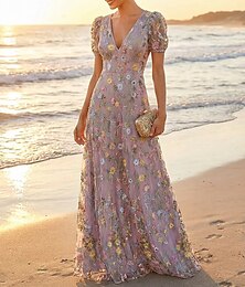 abordables -Ligne A Robe Longueur au sol Robe de Soirée Robe de Cocktail Robe de Mère de Mariée  Manche Courte Col en V Élégant ancien Luxueux Formel robe demoiselle d honneur Kentucky Derby Chiffon Tulle avec