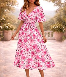 abordables -Pâques Femmes Robe Midi Robe trapèze Robe élastique Robe à Volants Vacances Occasionnel Manches Evasées Fête Date Coupe régulière Fleuri Graphique Manche Courte Col en V Rose Claire Été Printemps