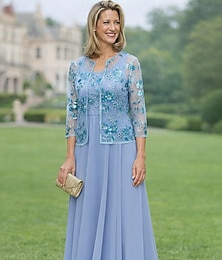 abordables -Deux Pièces Ligne A Ensembles de Robes Longueur cheville Robe d'invité de mariage Ample Robe de Mère de Mariée  Manche 3/4 Col Bateau Élégant Simple Embelli Formel robe demoiselle d honneur Fête de