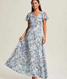 preiswerte -Chiffon-Midikleid mit Blumenmuster, kurzen Ärmeln und V-Ausschnitt, Sommer-Cocktailkleid für Damen