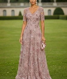 abordables -Ligne A Robe Longueur au sol Robe Maxi Robe de Soirée Robe de Cocktail Robe de Mère de Mariée  Manche Courte Col en V Élégant ancien Luxueux Formel robe demoiselle d honneur Kentucky Derby Chiffon