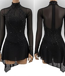preiswerte -Eiskunstlaufkleid Damen Eislaufen Kleid Schwarz Patchwork Asymmetrischer Saum Dehnbar Training Wettbewerb Eiskunstlaufkleidung Klassisch Kristall / Strass Langarm Eislaufen Eiskundstlauf