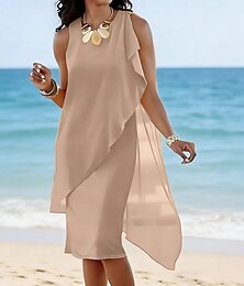 abordables -Femmes Robe Longueur Genou Robe en Chiffon Élégant Mode Moderne Plage Soirée Coupe Ample Uni Sans manches Col ras du cou Bretelles Noir Rose Claire Violet Kaki Été Printemps Automne