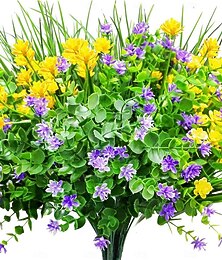 voordelige -9 stuks kunstbloemen voor buiten, UV-bestendig, nepplanten, kunststof bloemen in bulkverpakking voor hangende plantenbakken, buitenvazen, veranda's, raamdecoratie (geel, paars, groen)