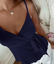 preiswerte -Damen Hemd Einfarbig Einfach Elegant Bohemien Aktiv Ärmellos V Ausschnitt Normale Oberteile Lässig Gras-Grün Schwarz Rosa Dunkelblau Beige Sommer Frühling