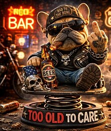 preiswerte -Wackelkopffigur „Zu alt, um sich darum zu kümmern“, handgefertigte französische Bulldoggen-Bikerfigur aus Kunstharz, lustiges Geschenk für Väter oder ältere Herren, Büro- oder Autodekoration,