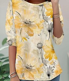 preiswerte -Damen T Shirt Druck Blumen Grafik Pflanzen Stilvoll Klassisch Modern Langarm Rundhalsausschnitt Normale Oberteile Lässig Täglich Wochenende Gelb Sommer Frühling Herbst