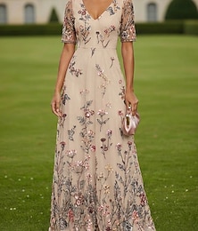 abordables -Ligne A Robe Longueur au sol Robe Maxi Robe de Soirée Robe de Cocktail Robe de Mère de Mariée  Manche Courte Col en V Élégant ancien Luxueux Formel robe demoiselle d honneur Kentucky Derby Chiffon