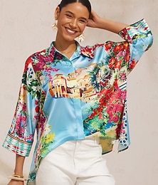 economico -Top a maniche a pipistrello in raso setoso con motivo a fiori di Maiorca