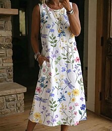 economico -Per donna Abito Midi Vestito Estivo Vestito Casual Abito a trapezio Elegante Vacanza Spiaggia Ferie Vestibilità regolare Floreale Grafico Senza Maniche Girocollo Blu Rosa Viola Estate Primavera