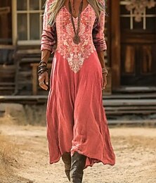 economico -Per donna Abito maxi Vestito Estivo Abito Estivo Vacanza Casual Boho Quotidiano Vestibilità comoda Grafico Blocco di colori Etnico Manica Lunga Scollo a V Rosa Arancione Verde Arancione chiaro Estate