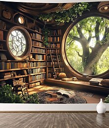 abordables -Tapiz de pared 3D de biblioteca mágica, estantería de fantasía, vista a la ventana, adorno de pared con árbol antiguo, paisaje natural, póster grande de tela para rincón de lectura, estudio,