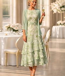 abordables -Deux Pièces Ligne A Longueur thé Robe d'invité de mariage Robe de Mère de Mariée  Sans manches Manche 3/4 Col ras du cou Élégant Simple Minimaliste Formel Semi-Formel Chiffon Jacquard avec Imprim