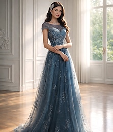 Χαμηλού Κόστους -Γραμμή Α Μακρύ Φορέματα χορού Κομψό Κοντομάνικο Με Κόσμημα Επισκέπτης γάμου Γαμήλιο Πάρτι Τούλι με Πλισέ Διακοσμητικά Επιράμματα