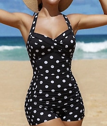 abordables -Femmes Maillots de Bain Une Pièce Monokini Maillot de bain Contrôle du ventre Taille haute Mince Dos nu Vacances ancien À pois Col Halter Sans manches Maillots de bain