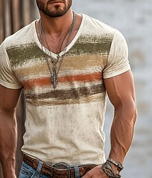 abordables -Hombre Bloque de color Línea Camiseta Manga Corta Camiseta Impresión 3D Escote en Pico Camisa Vacaciones Retro Antiguo Casual Diario Calle Azul Piscina Negro Marrón Primavera verano Ropa S M L XL XXL