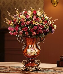 economico -Set di fiori artificiali vintage europei in vaso di resina dorata, fiori finti, decorazioni per la casa di lusso in stile europeo, composizione floreale da tavolo per soggiorno, ufficio, hotel,