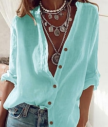 abordables -Mujer Sayo Abotonar Tops largos de algodón Top de algodón blanco Plano Diario Básico Casual Manga Larga Cuello Mao Tops largos Casual Diario Trabajo Azul Piscina Negro Blanco Rojo Verano Primavera