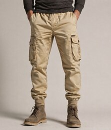 preiswerte -Herren-Cargohose – elastische Bündchen, Kordelzug im Bund, mehrere Taschen, bequem, lässig &Outdoorhose, modisch, schwarz/khaki, mit Mikro-Elastik