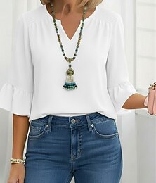 economico -Per donna Blusa Top in chiffon Arricciato Volant Semplice Classico Moderno Casual Manica 3/4 Scollo a V Top Regolari Quotidiano Ferie Uscire Nero Bianco Rosso Blu marino Azzurro Estate Primavera