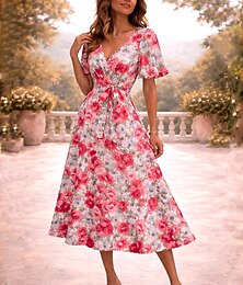 abordables -Femmes Robe Midi Robe trapèze Robe élastique Robe à Volants Vacances Occasionnel Manches Evasées Fête Date Coupe régulière Fleuri Graphique Manche Courte Col en V Rouge Été Printemps