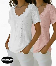 preiswerte -2er-Pack Damenbluse mit Lochmuster, schlicht, stylisch, Basic, klassisch, Kurzarm, V-Ausschnitt, normal geschnitten, gelb + schwarz