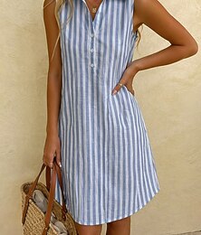 economico -Per donna Abito al ginocchio Abito Camicia Vestito Casual Abito a righe Moda Essenziale Quotidiano Vacanza Vestibilità regolare A righe Senza Maniche Colletto a Camicia Blu Nero Vino Verde Estate
