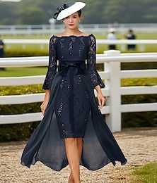 abordables -Deux Pièces Fourreau Colonne Mi-long Robe d'invité de mariage Robe de Mère de Mariée  Manche 3/4 Épaules Dénudées Élégant Fête Formel robe demoiselle d honneur Chiffon Dentelle Soie imitée avec