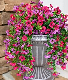 abordables -Fleurs artificielles pour décoration extérieure suspendue, lot de 6 fleurs violettes et rose vif, décoration printanière réaliste, résistantes aux UV. &Fleur en soie résistante à la décoloration pour