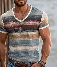 abordables -Hombre Bloque de color Línea Camiseta Manga Corta Camiseta Impresión 3D Escote en Pico Camisa Vacaciones Retro Antiguo Casual Diario Calle Azul Piscina Rojo Marrón Primavera verano Ropa S M L XL XXL