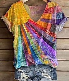 preiswerte -Damen T Shirt Druck Blumen Grafik Pflanzen Vintage Stilvoll Lässig Kurzarm V Ausschnitt Normale Oberteile Täglich Wochenende Blau Gelb Wein Purpur Orange Sommer Frühling