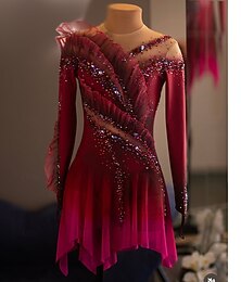 preiswerte -Eiskunstlauf Fleecejacke Eiskunstlaufkleid Damen Eislaufen Kleid Rosenrot Patchwork Daumenloch Dehnbar Training Wettbewerb Eiskunstlaufkleidung Klassisch Kristall / Strass Ärmellos Langarm Eislaufen