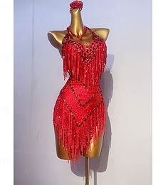 preiswerte -rotes Pailletten-Fransenkleid für Damen, lateinamerikanischer Tanz, Neckholder, tiefer V-Ausschnitt, Ballsaal-Turnierkleid