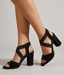abordables -Sandales professionnelles à talons hauts en daim noir pour femmes - chaussures confortables à talons carrés et brides élastiques croisées, idéales pour le bureau, les réunions professionnelles et un confort optimal tout au long de la journée.